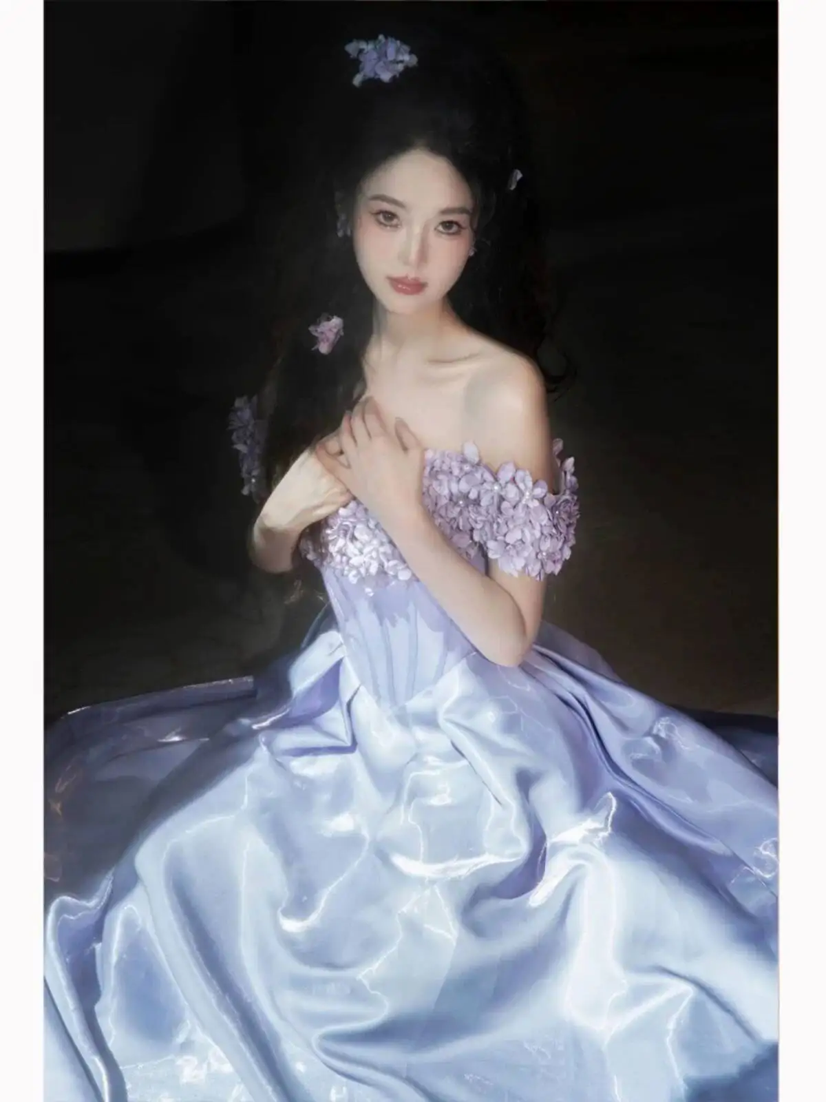 Off Shoulder 3D Floral Corset Evening Dress Shiny Satin Princess Ball Gown Wedding Party Formal Dress