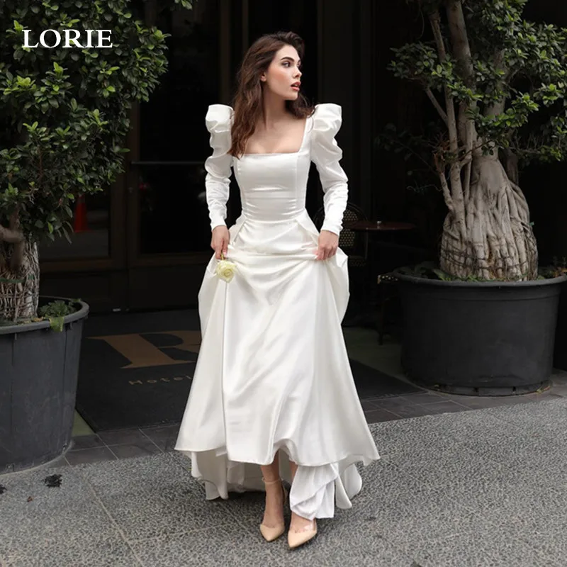 LORIE Satin Princess Wedding Dress A Line Square Neck Bride Dresses Long Sleeve Lace Up Back Party Gowns 2023