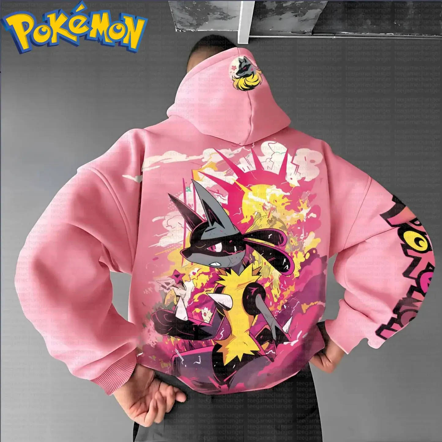 Pokemon anime lucario algodão moletom com capuz harajuku calças conjunto rosa preto cinza personagem impressão com efeito relâmpago amarelo duas peças