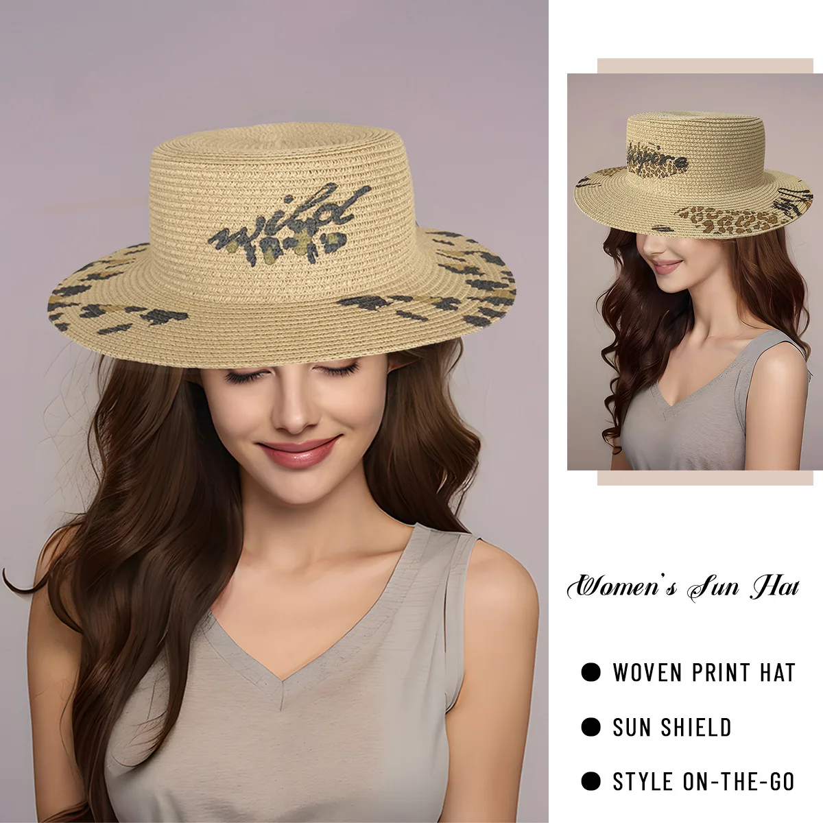 

Spring Summer Unisex Sun Hat Wide Brim Straw Hat with Floral Print Woven Design 60-62cm Stylish Fedora