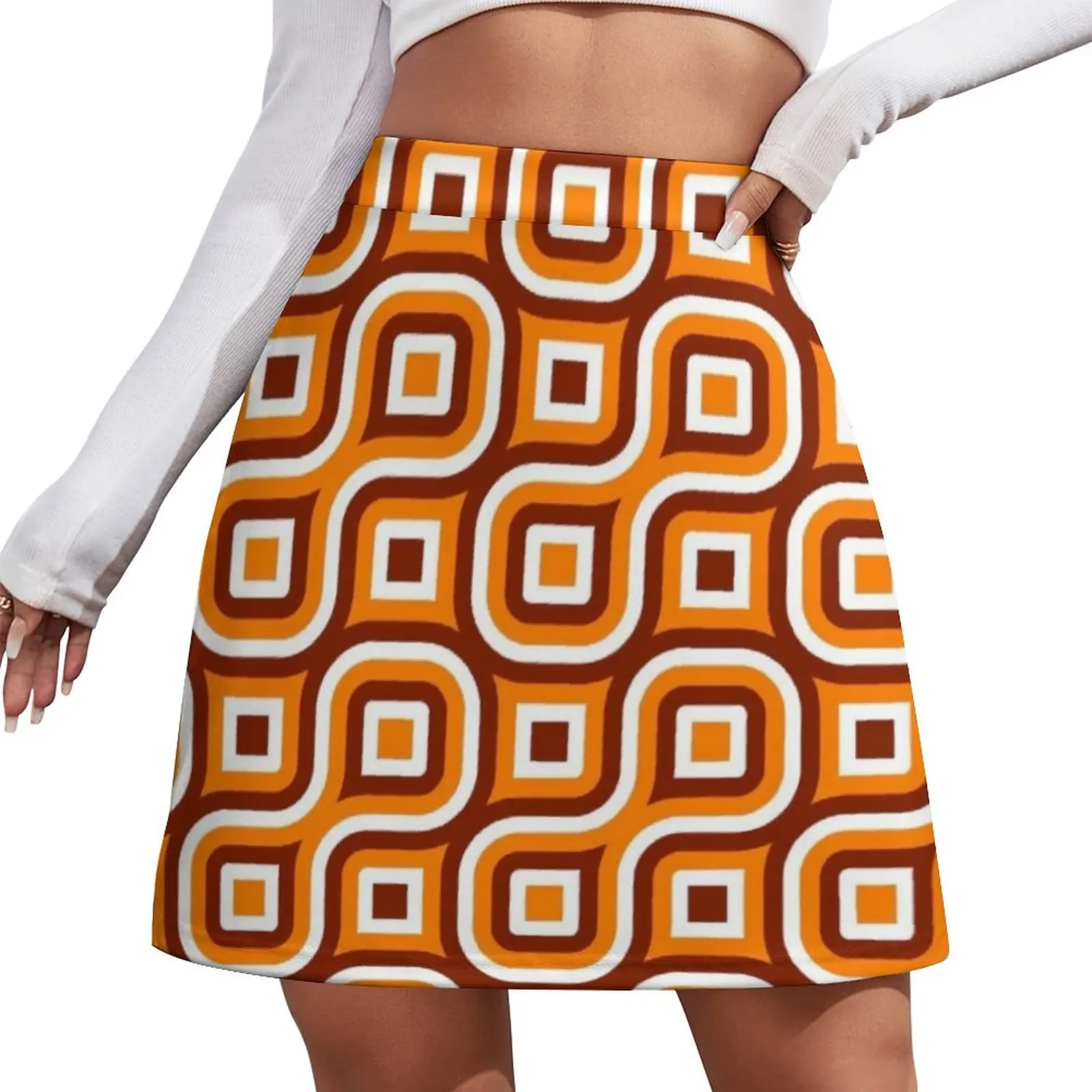 

Groovy Retro 1960’s Orange, Brown and White Geometric Pattern Mini Skirt dresses summer woman 2025 Miniskirt