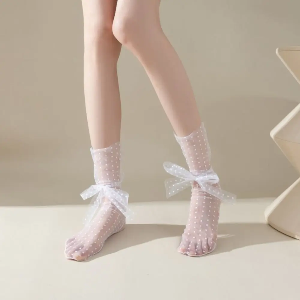 Sweet Tulle Mesh Tulle Bow Short Socks Sheer Transparent Lace Dot Middle Tube Socks Ins Quick Dry Streetwear