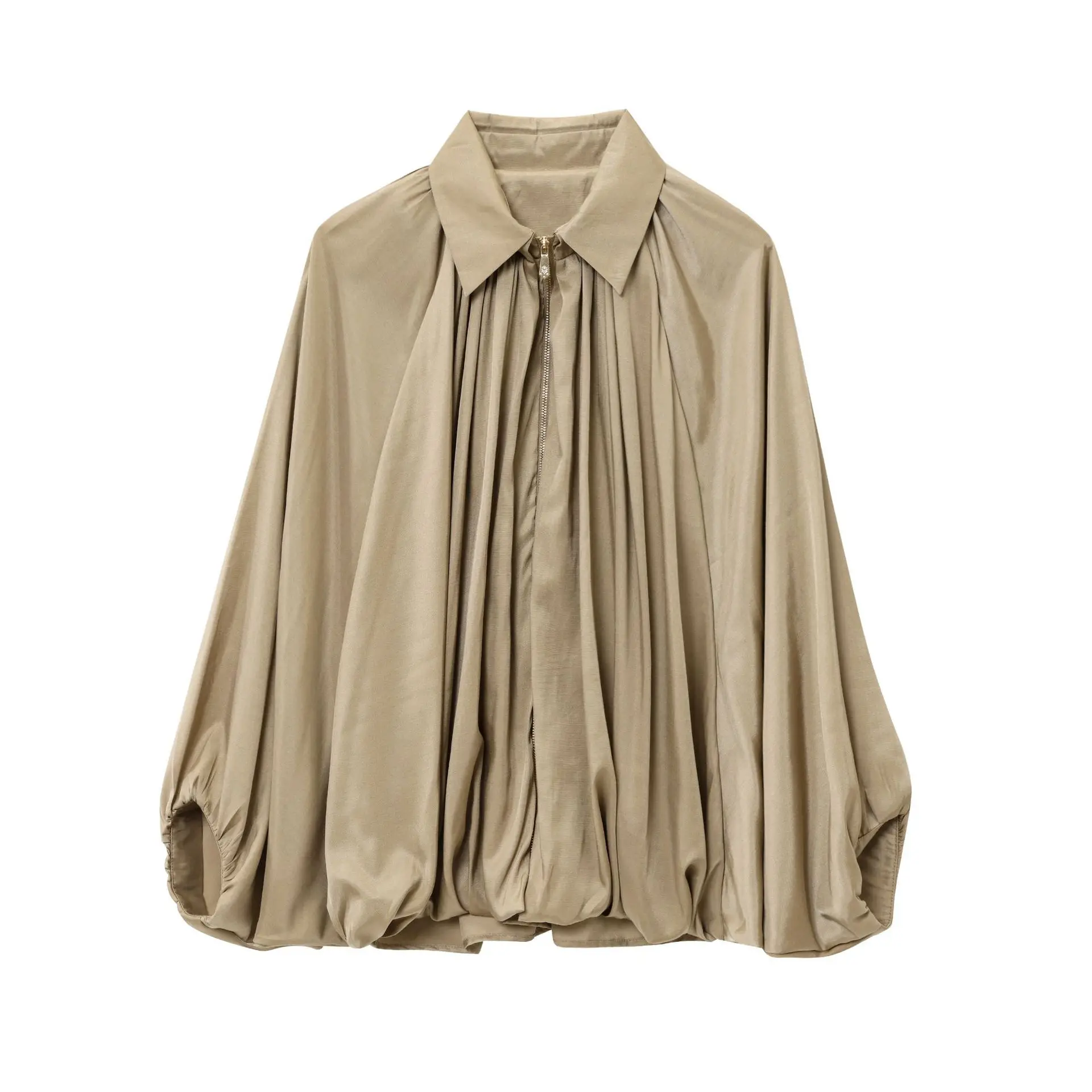 

Fashion Pleated Puff Sleeve Women's Jacket Turn-down Collar Zipper Loose Lady Jackets 2025 Spring Autumn Street Office Outwear