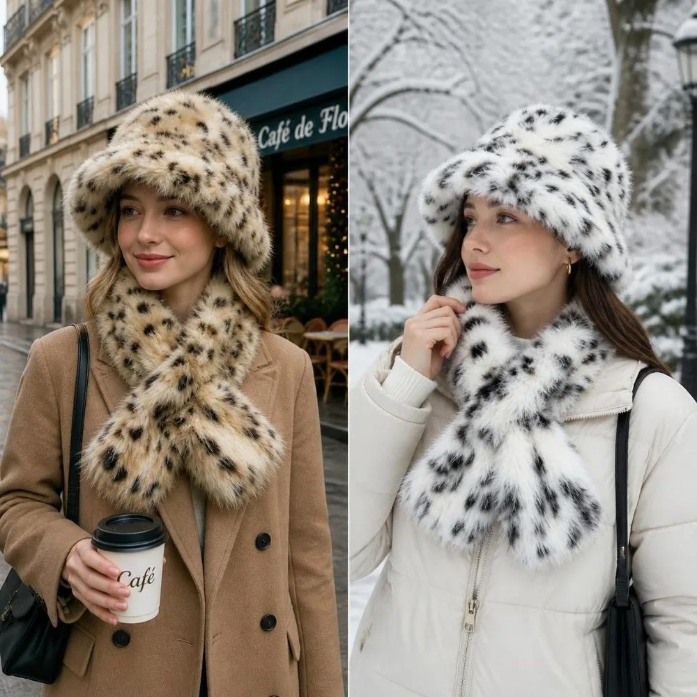 2-Piece Set Rolled Brim Faux Fur Bucket Hat Windproof Face-Slimming Cross-tie Scarf Set Soft Leopard Print Hat Set