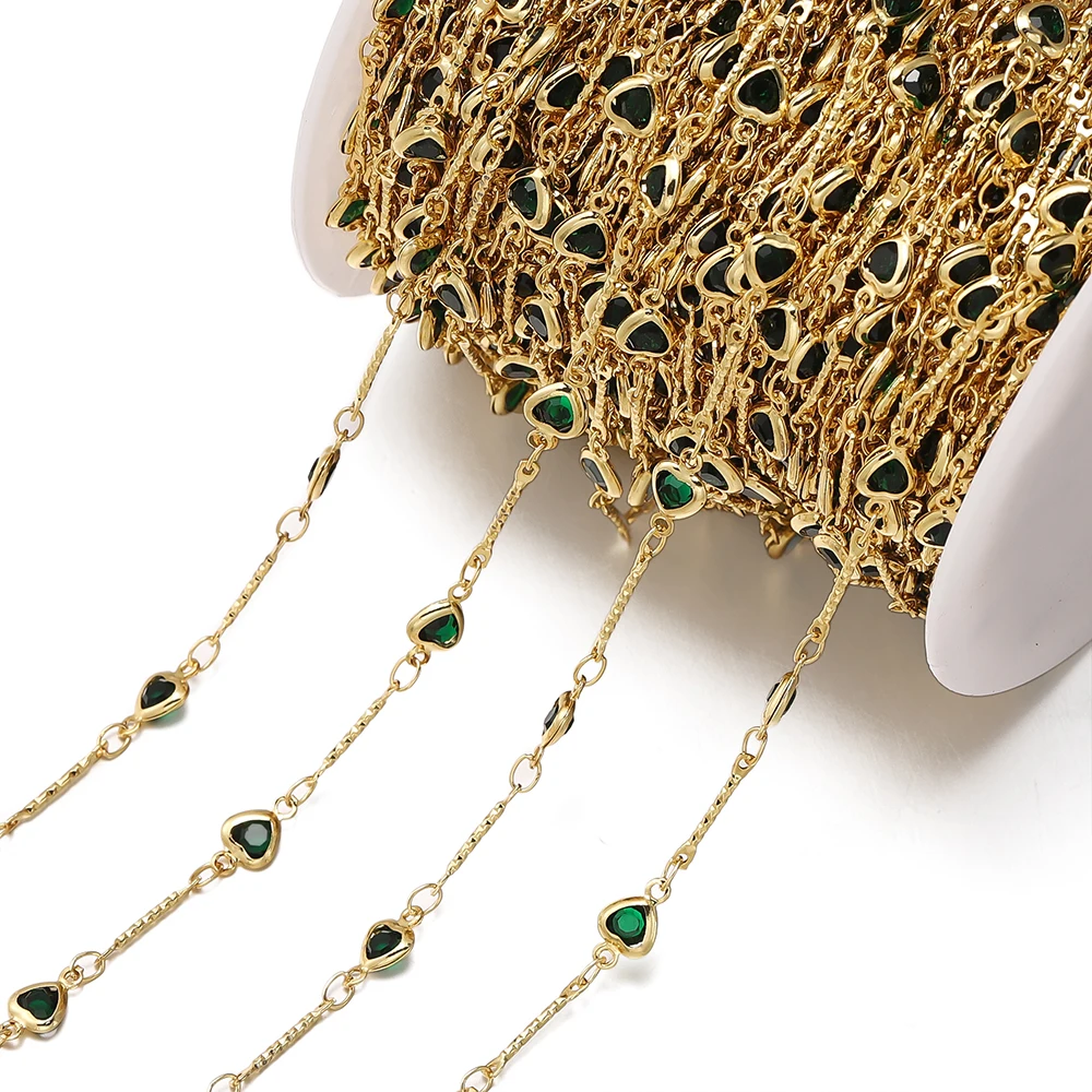 

1Meter Green Color Glass 14K 18K Gold Color Plated Brass Heart Shape Necklace Gold&Silver Chains DIY Jewelry Making Accessories