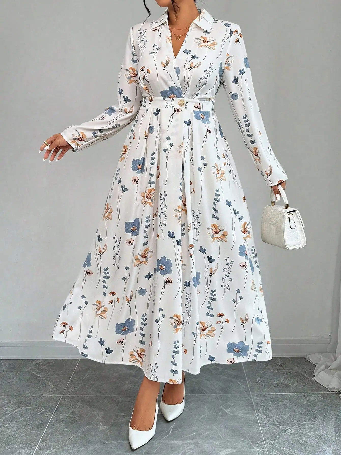 

Wrap-Style Long Sleeve Maxi Dress With Random Floral Print For Women Fall Outfit