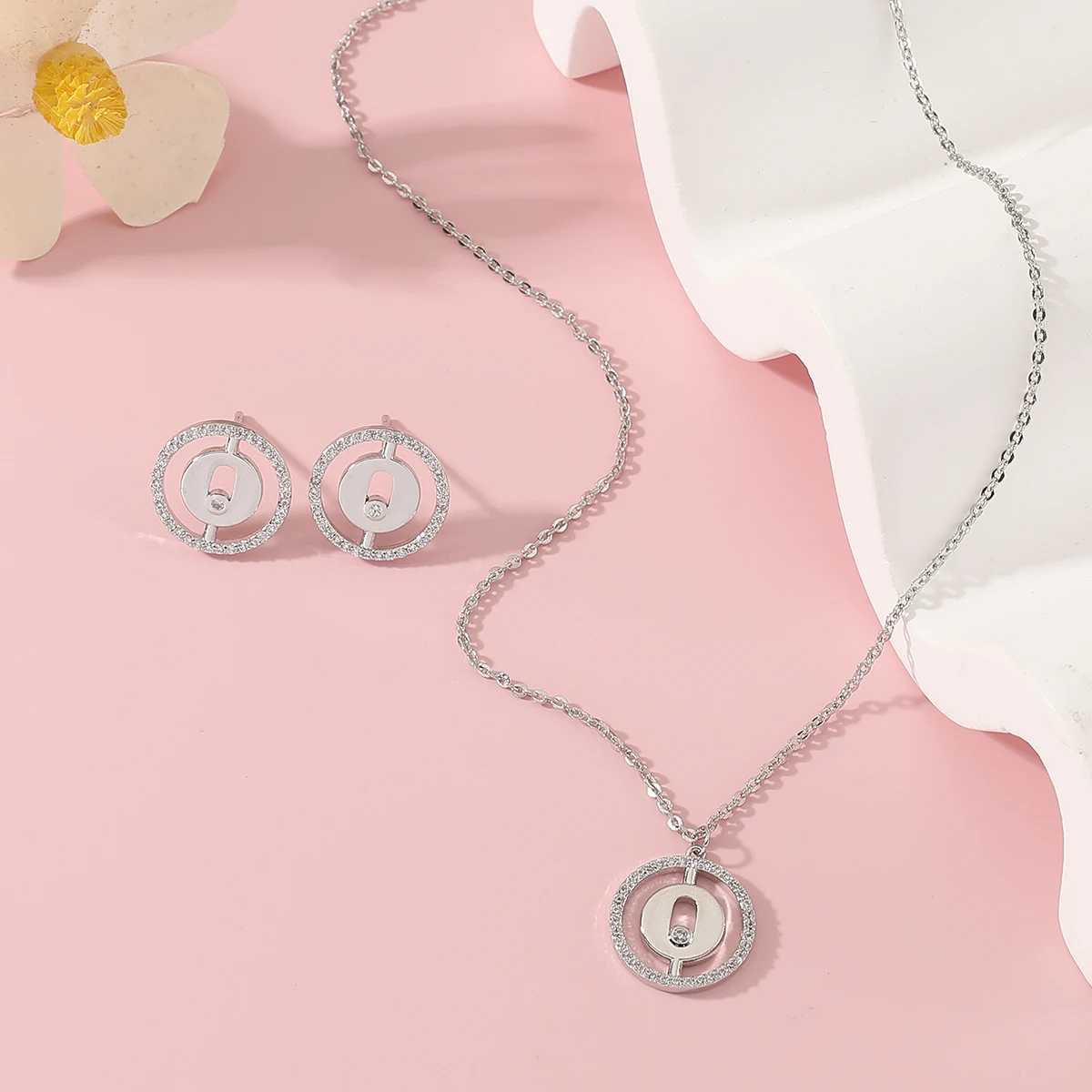 Frauen Mode Trendy Zirkon Anhänger Halskette Ohrring Set Runde Design Hochzeit Schmuck Set ​ Zubehör