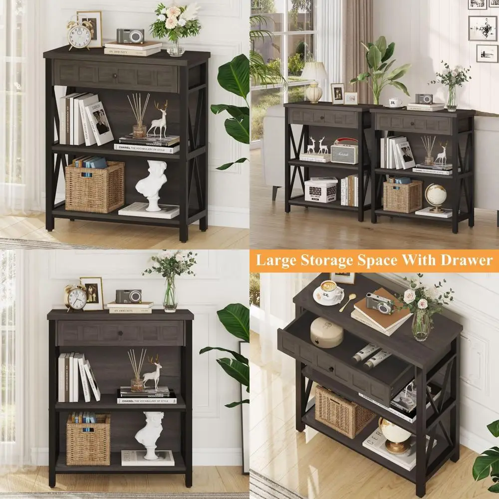 Compact Industrial-Style 3-Tier Bookshelf with Drawer, Walnut Brown Finish, Ideal for Living Room and Home Office