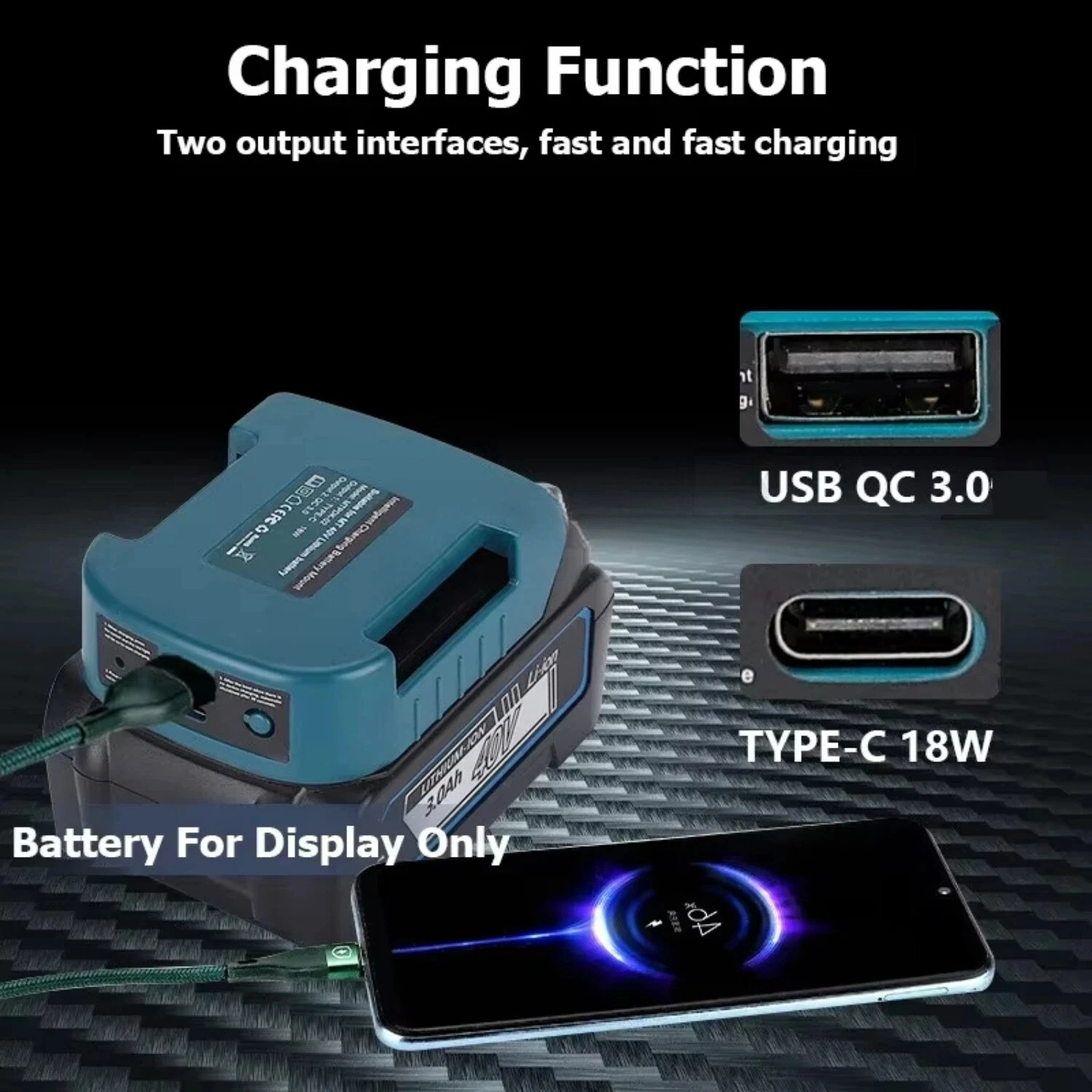 رف شاحن سريع لماكيتا/ريوبي/جرين ووركس 40 فولت بطارية ليثيوم أيون مع منفذ USB من النوع C مشبك حزام محول شاحن محمول