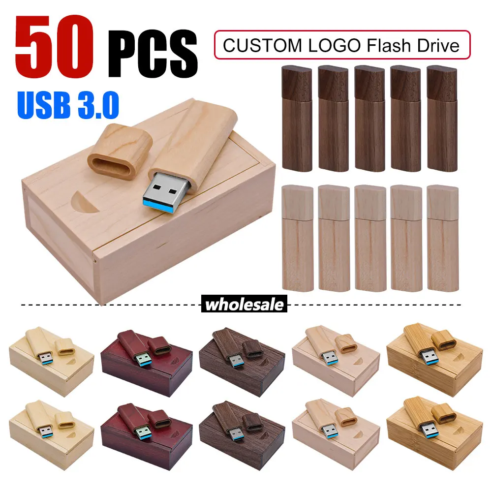 50 adet USB 3.0 Özelleştirilmiş LOGO Ahşap Bambu Usb Kutusu ile Usb Flash Sürücü Memory Stick 128G Kalem Sürücü Pendrive 8 GB 16 GB 32 GB 64 GB