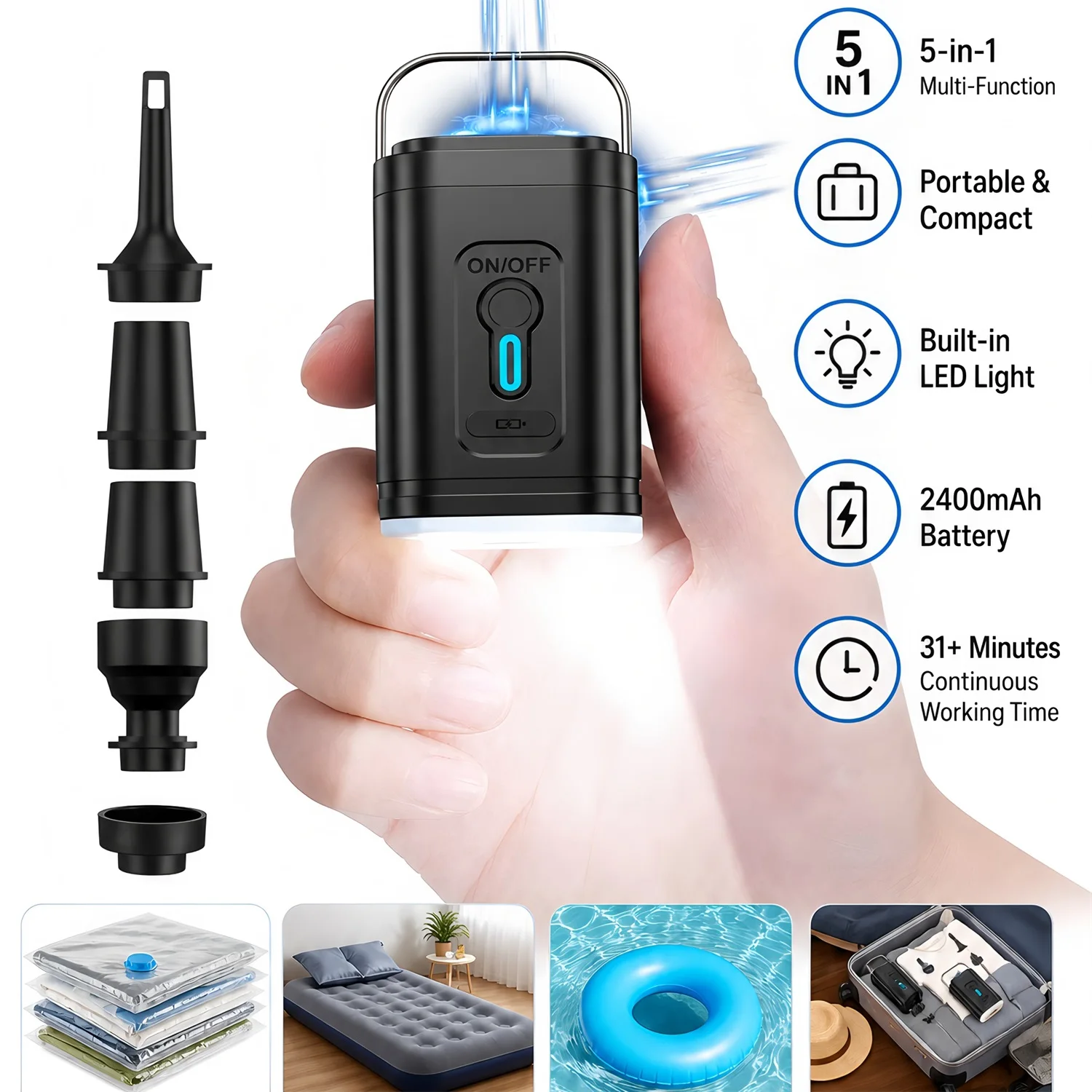 Portable Electric Air Pump Inflate Deflate LED Lighting Multifunctional Inflator Tool for Outdoor Camping Air Mattress Air Bed view 4