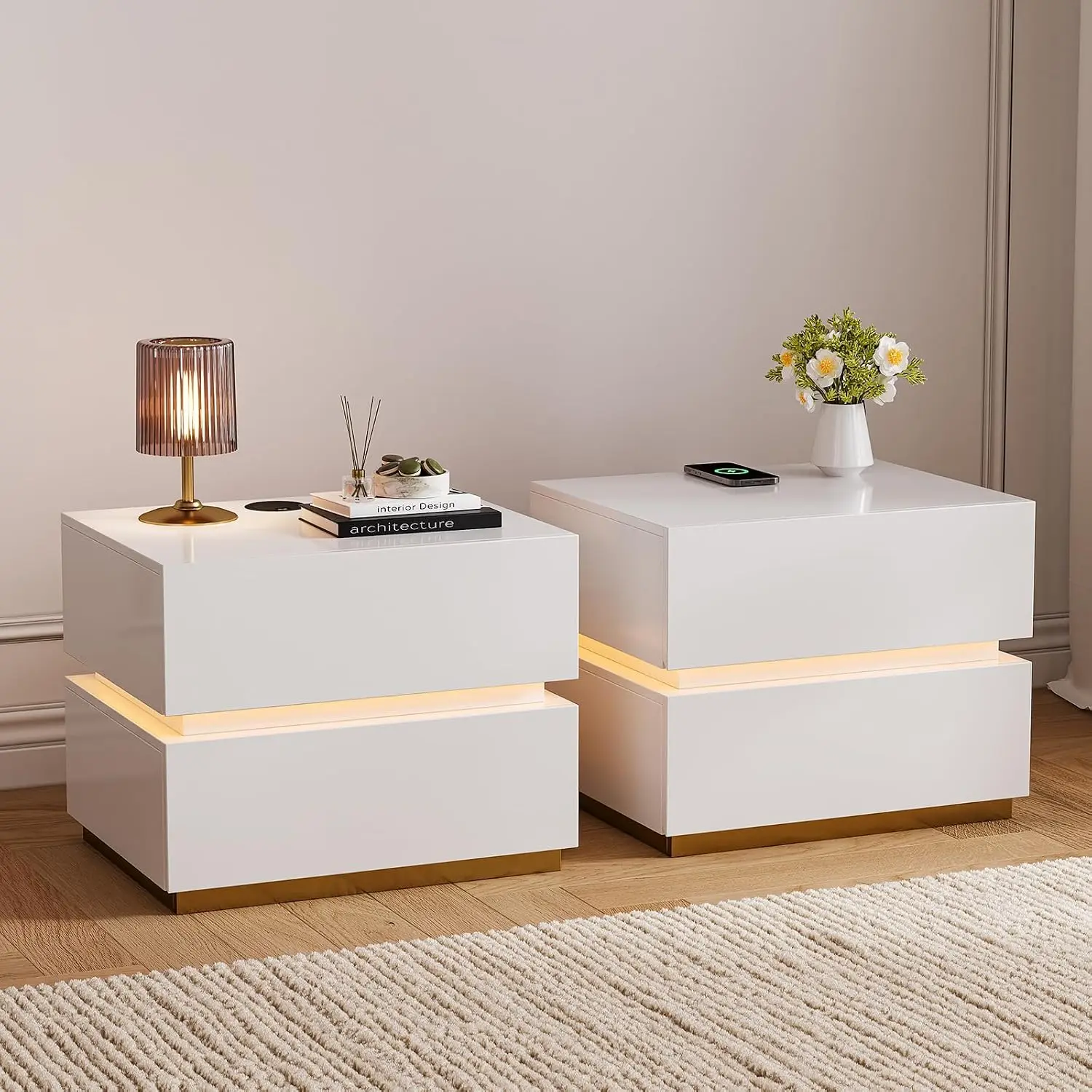 Smart Nightstand 2-Pack Wireless Charging USB & Type-C LED 2 Drawers White Bedside Table Bedroom Storage, Customized