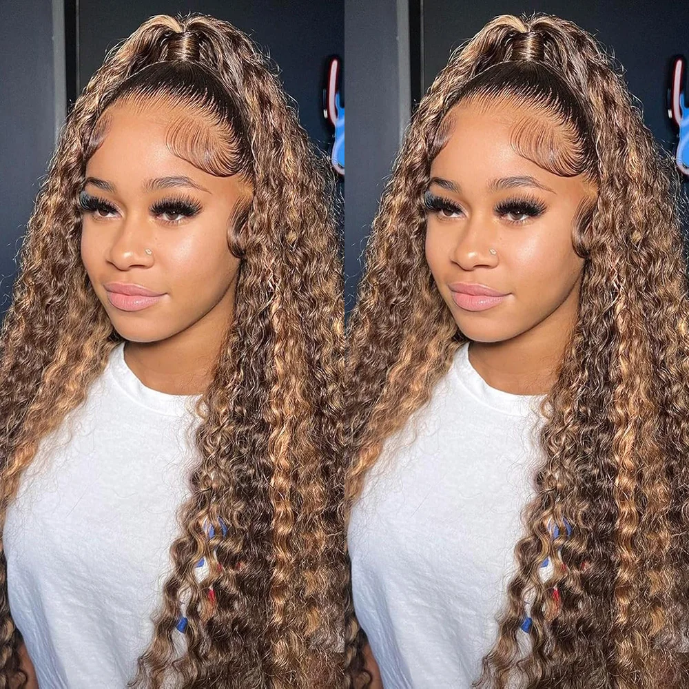 

5x5 Highlight Ombre Deep Wave Lace Front Wigs Human Hair 4/27 Colored Transparent Honey Blonde Curly Lace Frontal Wigs