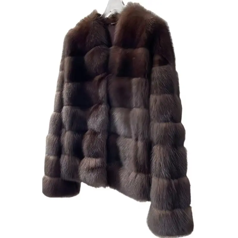 Women\'s Covered Button Faux Mink Fur Coat, O-Neck Short Jacket,Thick Warm Clothes,England Style,Autumn and Winter, 2024