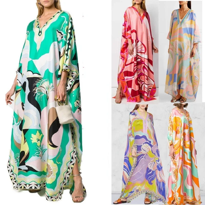 Women\'s Murah Kaftan Batik Cover Up Loose V-neck bohemian dress plus size Beach Dress Print Floral Maxi Dress