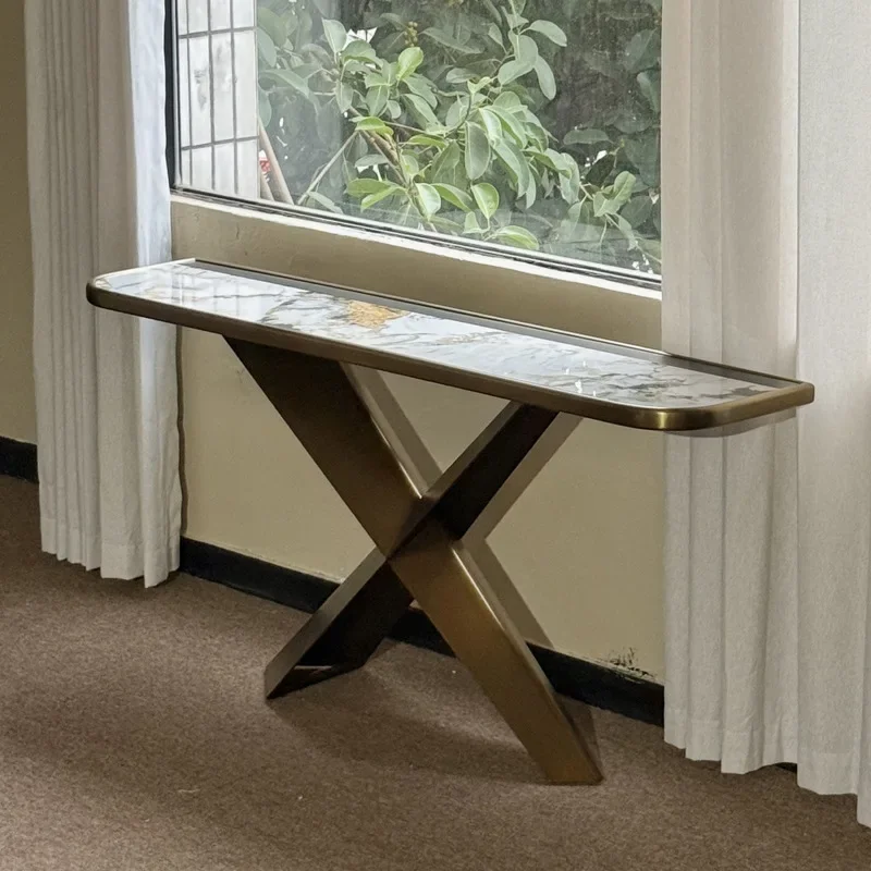 Light luxury entrance table, end view table, rock slab countertop, stainless steel entrance cabinet against the wall