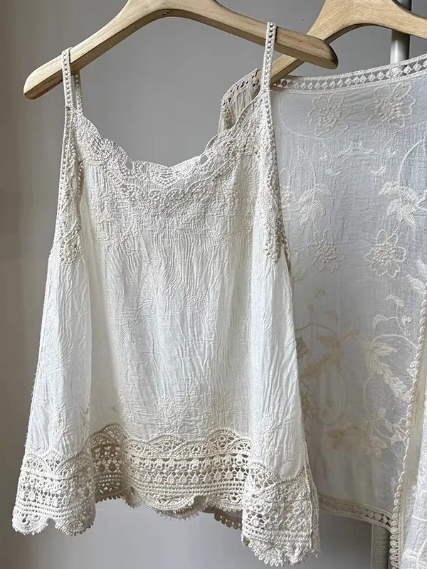 Retro Heavy Embroidery Small Strap Vest Set Women Summer High-End Hollow out Sun Protection Shawl Top Two-Piece Set