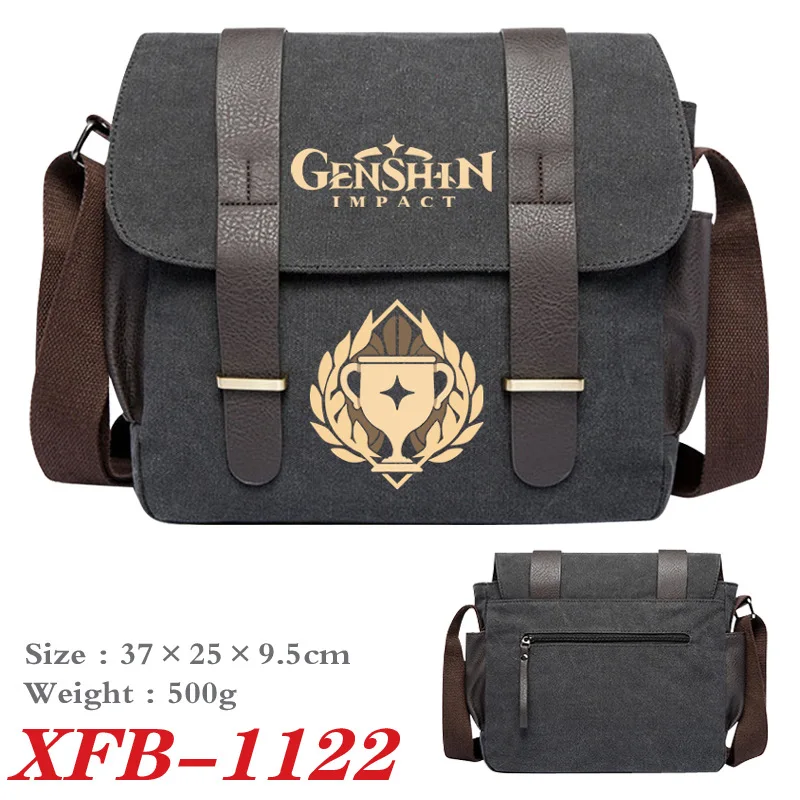 Anime Genshin Impact Shoulder Bag Messenger Travel Canvas Durable With 2 Leather Belt Buckle Bookbag