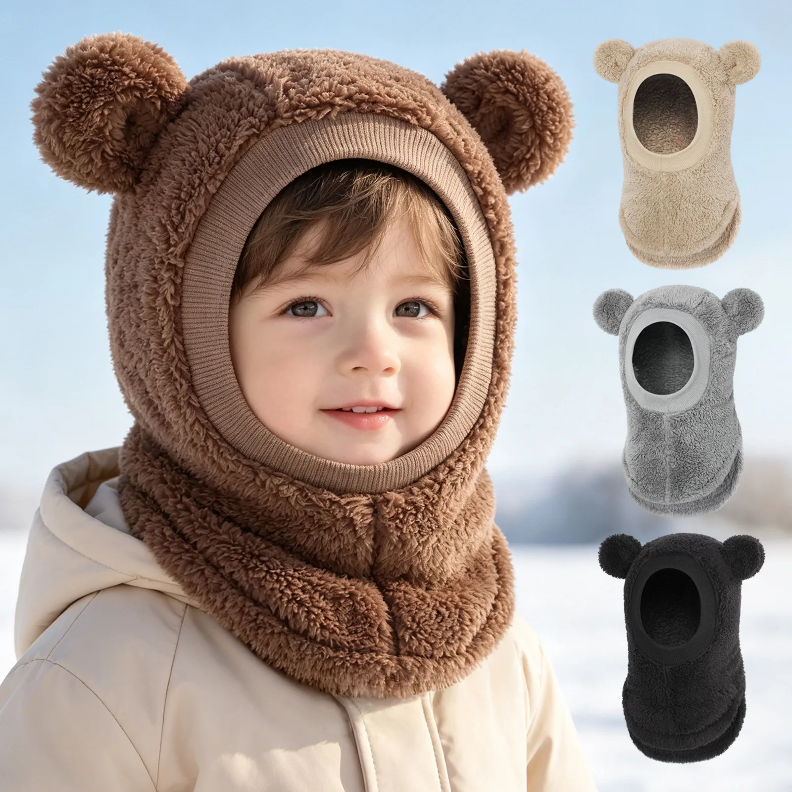 Bear Ears Hood Children Girls Girls Autumn Winter Polyester Fiber Neck Scarf and Mask Integrated Hat Kids Warm Cold Hats