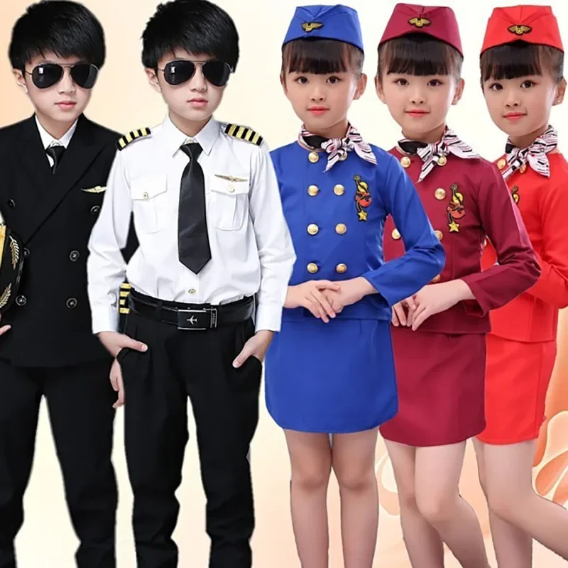 Pilot Uniform Stewardess Cosplay Disguise Captain Aircraft Halloween Costumes for Kids Military Uniforms Anime Cosplay Party