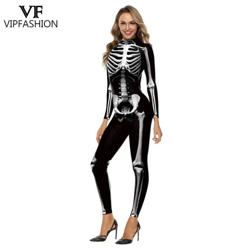 NO4 VIP FASHION Adult Skeleton Cospaly Costume Unisex Halloween Ghost Jumpsuit Carnival Party Zentai Bodysuit Scary Show VOCOS