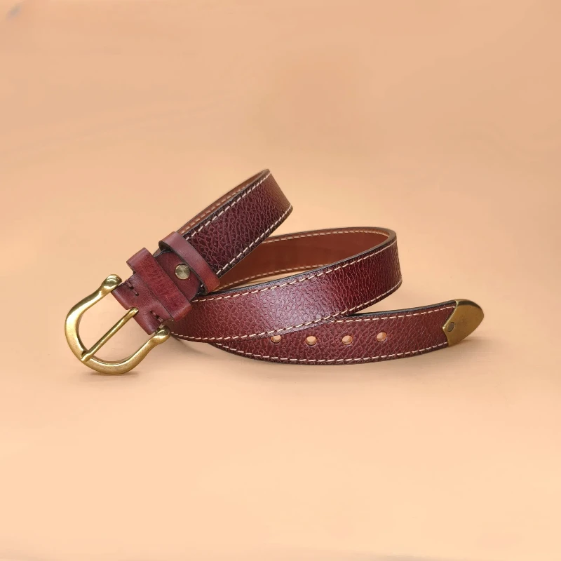 Retro trend, thickened top layer leather belt men's bronze buckle bilateral stitching hand-rubbed belt