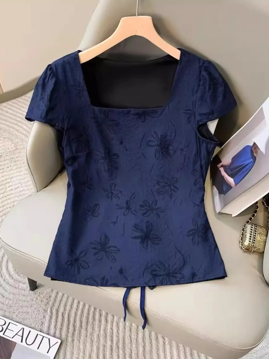 

Retro Square Collar ort Sve Printed Slim Fit irt Waist Cinched Slimming Top Women's Faion 2025 New Design Summer