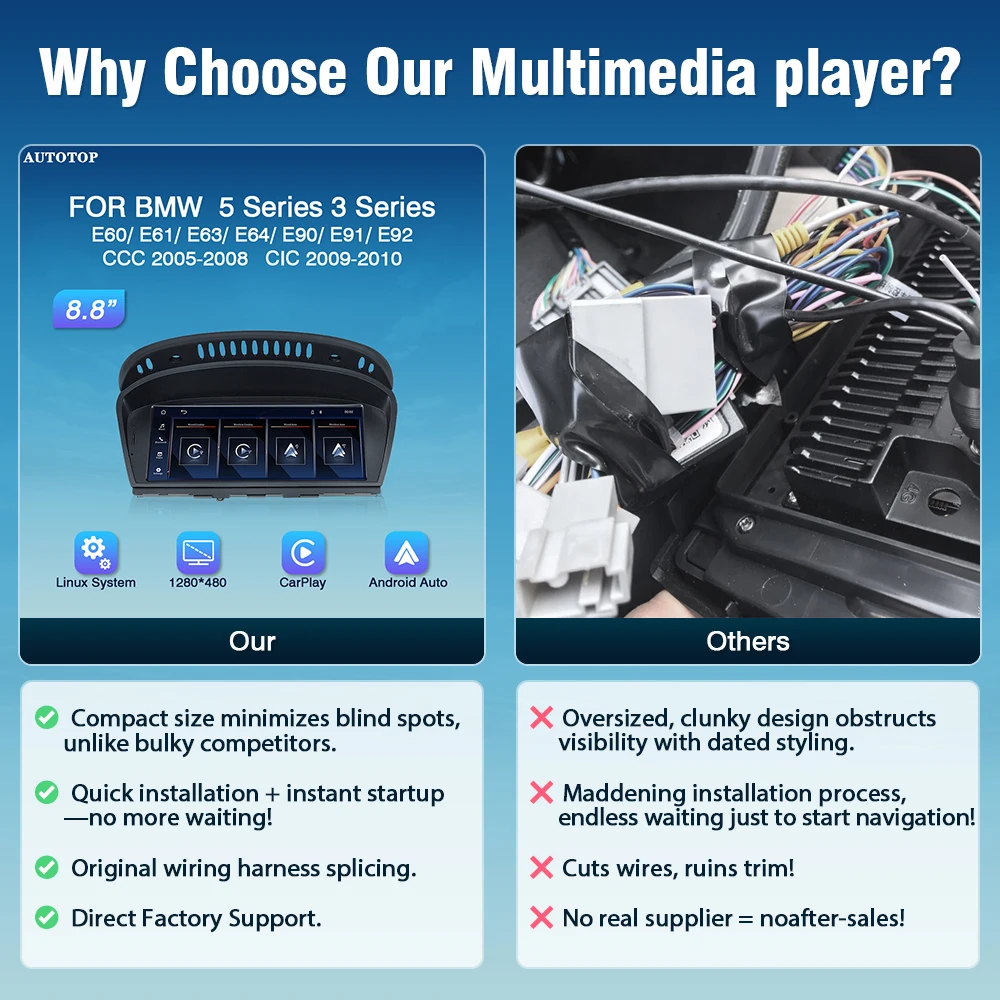 مشغل وسائط متعددة للسيارة من أوتو توب 8.8 بوصة لسيارة BMW 3/5 Series E60/ E61/ E63/ E90/ E91/ E92 CCC CIC Carplay اللاسلكي Android Auto