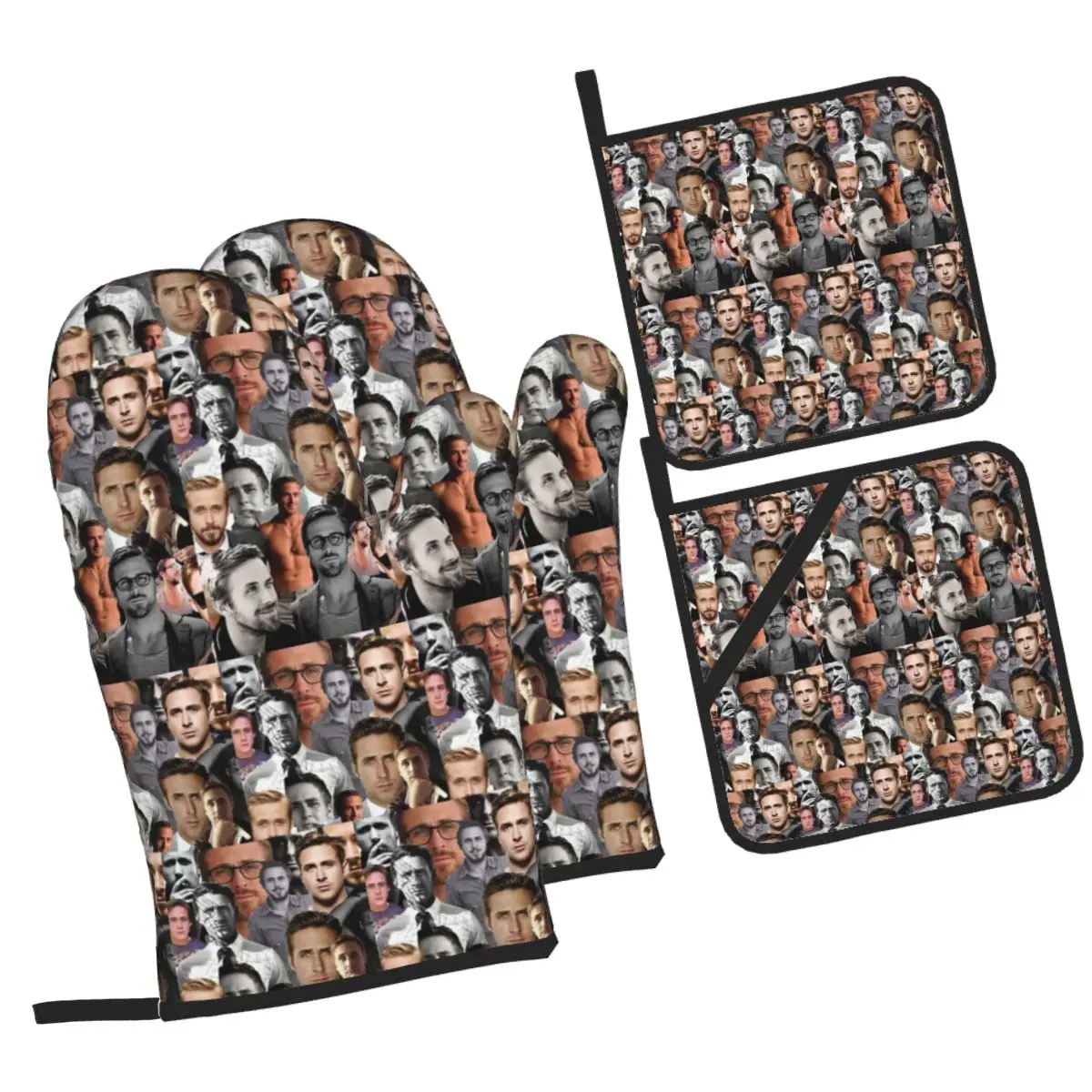 Ryan Gosling Collage Oven Mitts and Pot Holder Sets of 4 for Baking Kitchen Cooking Grilling Resistant Non-Slip Gloves