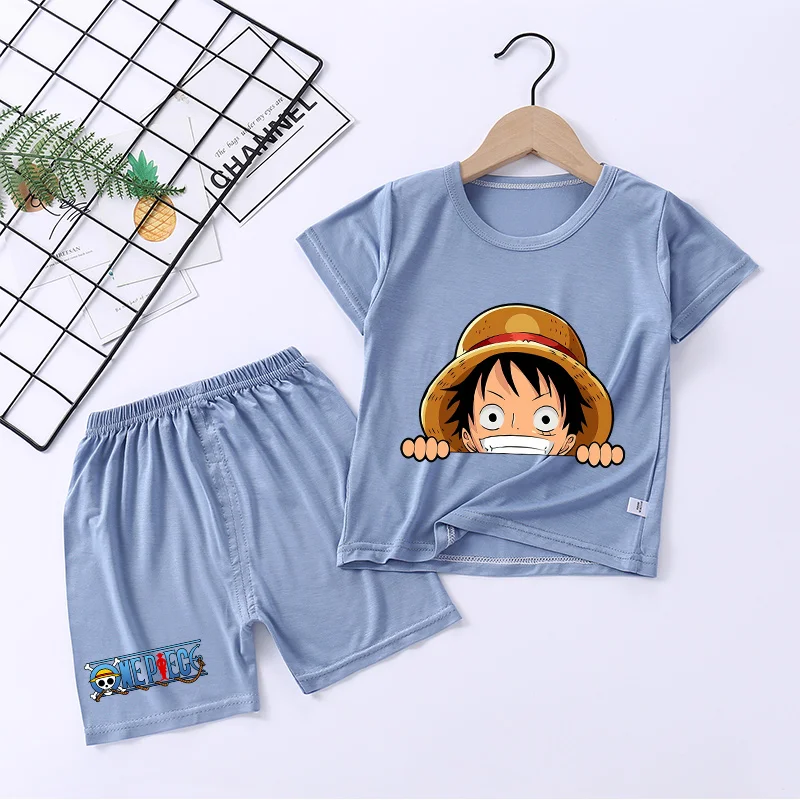 One Piece Short-sleeved Pajamas Anime T-shirt Shorts Suit Loungewear Set 2pcs Indoor Nighty Boys Sleepwear Kids Tee Pants Suits