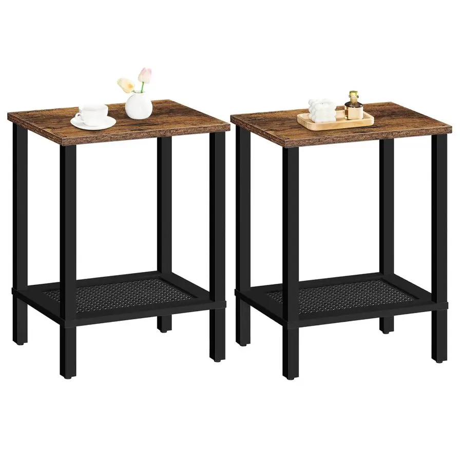 

End Tables Set of 2, Small Side Tables with 2Tier Storage Shelves, Nightstands with Faux Rattan Decoration, for Small Space, Li