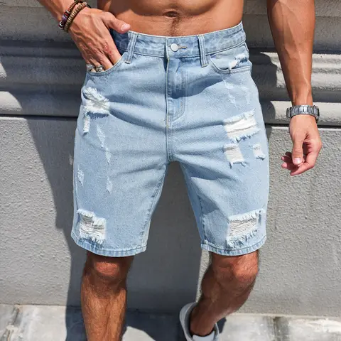 Hole-washed Water Buffalo Denim Short Pants - Men's Trendy Loose Straight Five-Piece Casual Shorts - Summer New Style