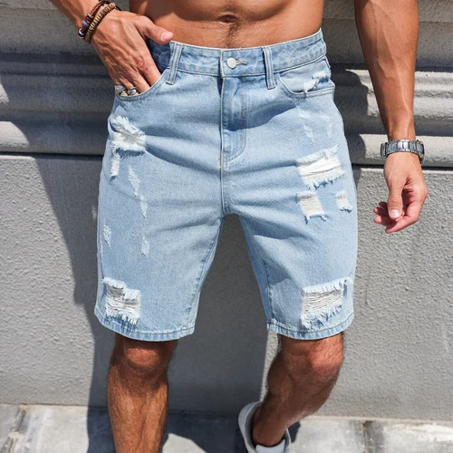 Imagen 1 del producto Pantalones cortos de mezclilla de búfalo de agua lavados con agujeros - Pantalones cortos casuales de cinco piezas rectos sueltos de moda para hombres - Nuevo estilo de verano