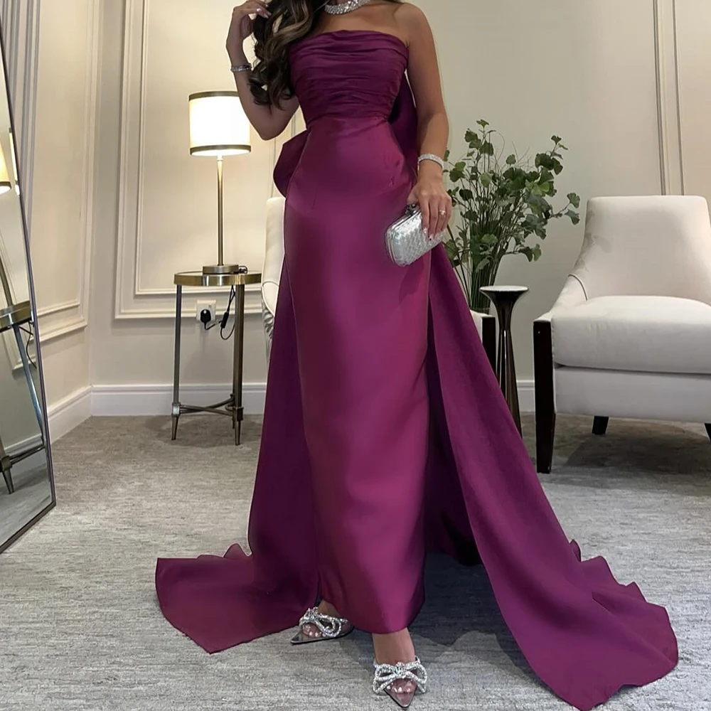 

Graceful Panel Train Pleats Bow Evening Dresses Temperament Straight Strapless Satin Purple Party Gowns vestidos de fiesta