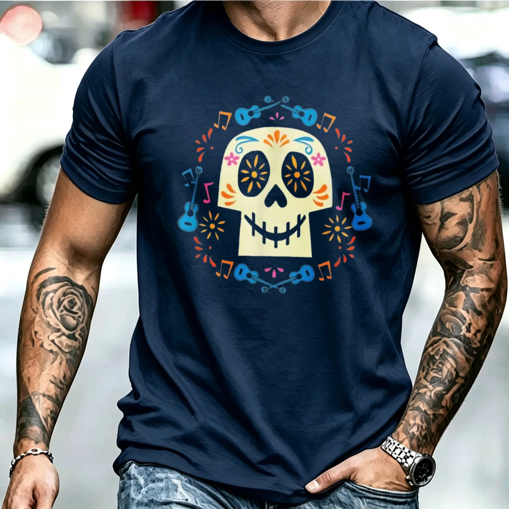 Day of the Dead S U G Ar with Guitars, Music Notes Marigold Flower Print - Colorful Casual Round Neck Tee Suitable Themed Events