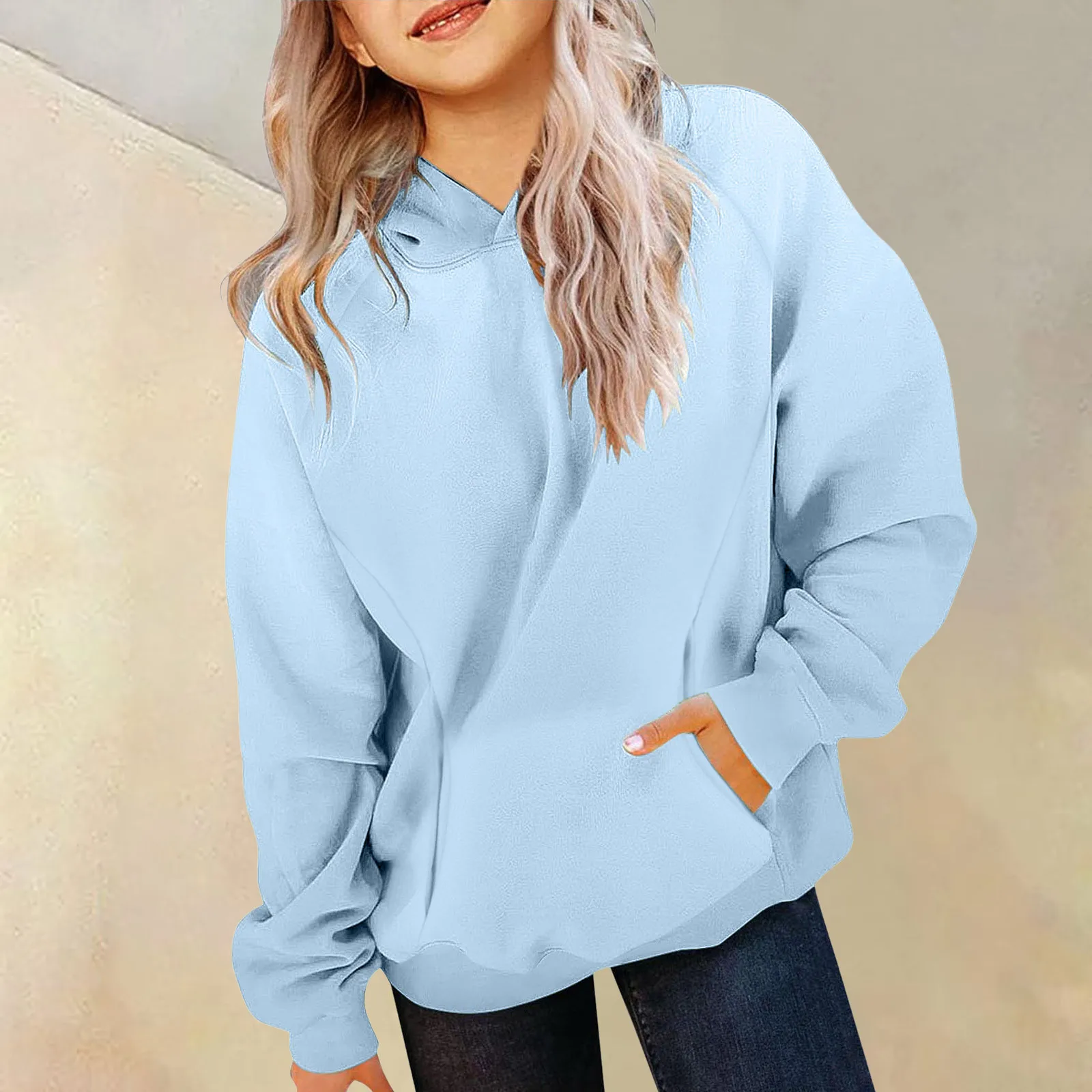 

Girls Casual Hoodie New Comfortable Soft Long Sleeve Fashionable Solid Color Pullover Sweatshirt Loose Versatile Outerwear