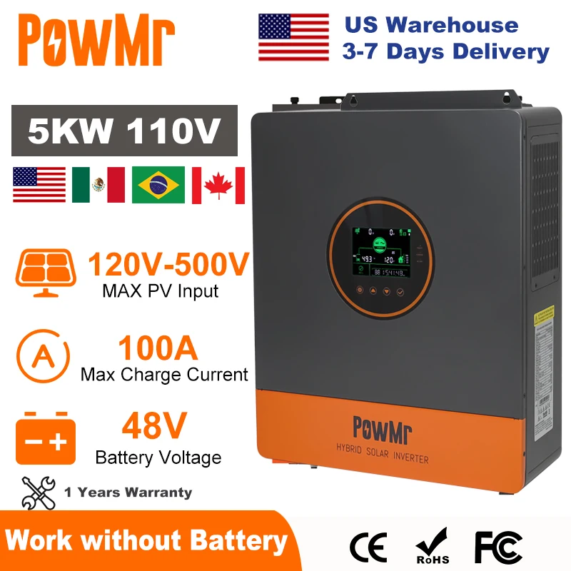 PowMr Split Phase Inverter 110V 48V 5KW On Grid Off Grid Pure Sine Wave Hybrid Solar Inverter with MPPT 100A Battery Charger