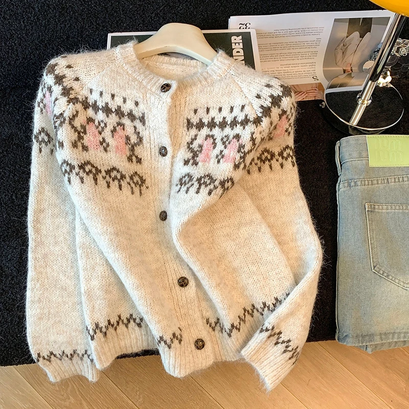 Jacquard Women' Sweater Autumn Winter New Single Breasted Casual Loose Cardigan Good-looking Temperament Vintage Soft Coats