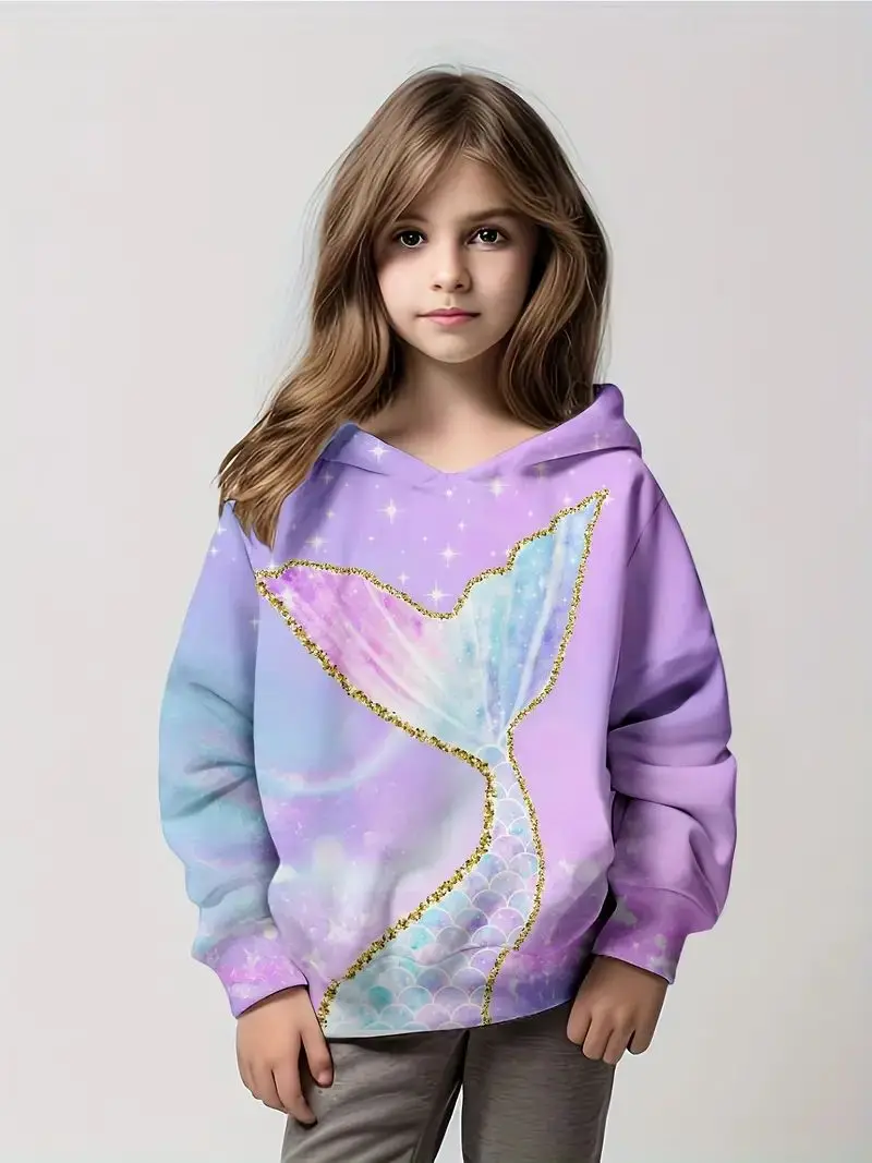 Carton Mermaid Print Girl Pullover Long Sleeve Fashion Cute Hoodie Children's Spring And Autumn Boys 2-14 Year Casual Clothing