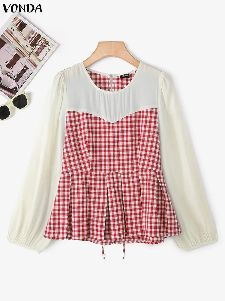 VONDA Modne Bluzki Damskie z Długim Rękawem w Kratę, Jesień 2025, Okrągły Dekolt, Eleganckie Koszule Biurowe w Stylu Koreańskim, Bluzka