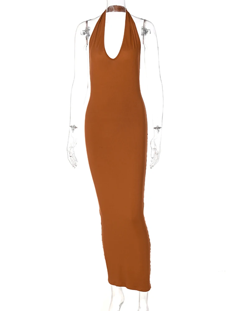 Hugcitar-Robe Maxi Dos auxpour Femme, Couleur Unie, Col en V, Sexy, Slim, Batterie, Maxi, Été, Mode, Vêtements Y2K, Streetwear, ix, Club