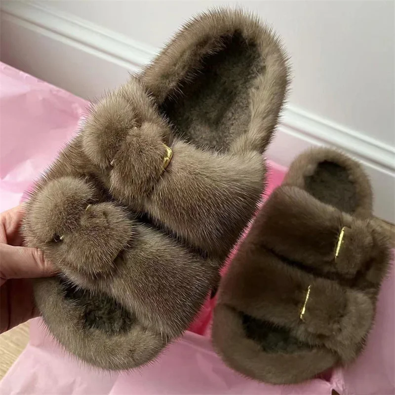 Summer Slippers Women Flat Luxury Outdoor Real Fur Flip Flops Female Sandals Trend Brand Design Slides Shoes Woman\'s Mink Shoes