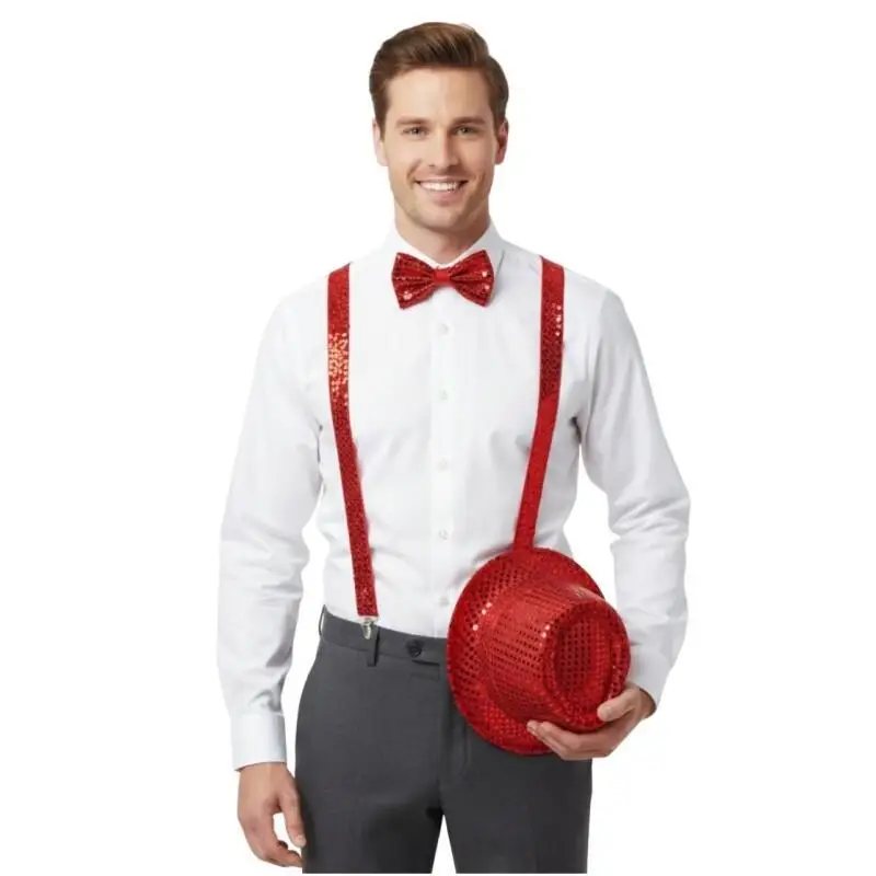 Retro 1970s 3 Piece Disco Performance Set Black Red Silver Sequin Hat Tie Suspenders Classic Men Party Stage Costume Accessory