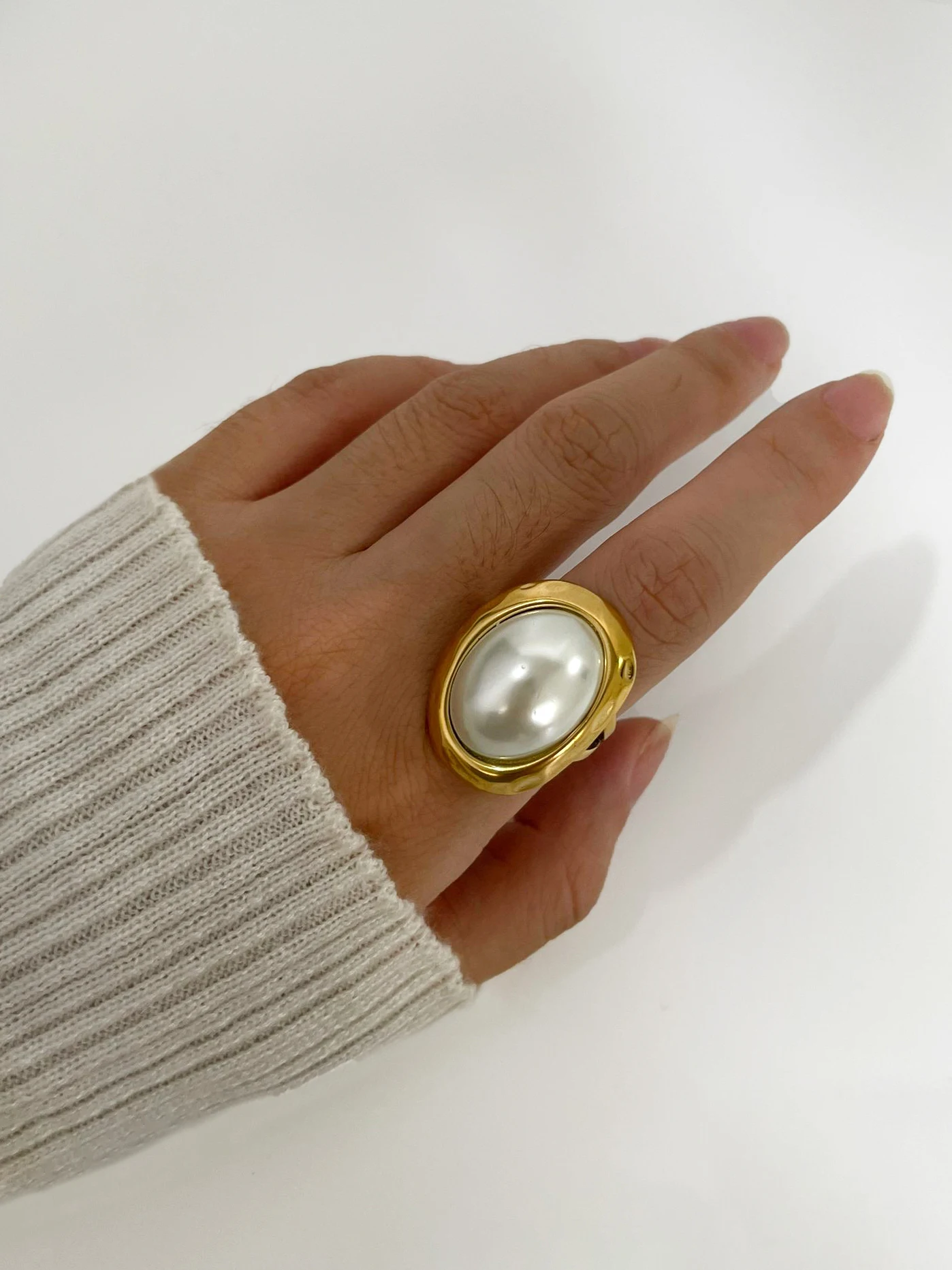 Peri'sbox Classic Fashion Imitation Pearl Oval Open Rings For Women Stainless Steel Gold Plated Wedding Party Ring Jewelry Gifts