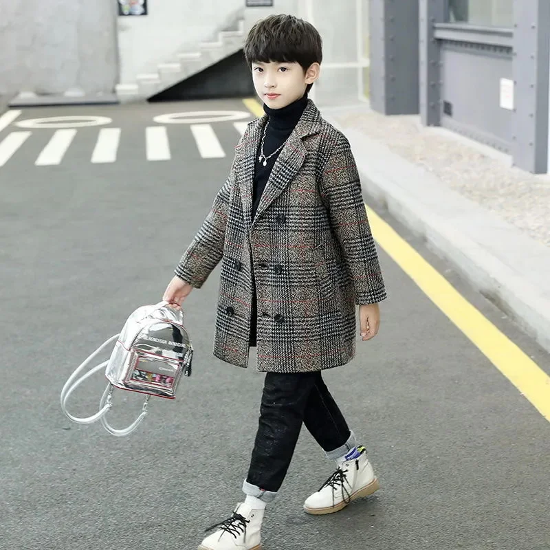 

5-14T Boys Woolen Coat For Winter 2024 New Fashion Plaid Turn Collar Thick Warm Jacket Gray/khaki High Quality