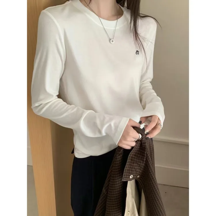

Women Lyocell Wool Embroidery T-Shirt Autumn Soft Round Neck Long Sleeve Casual Bottoming Tops