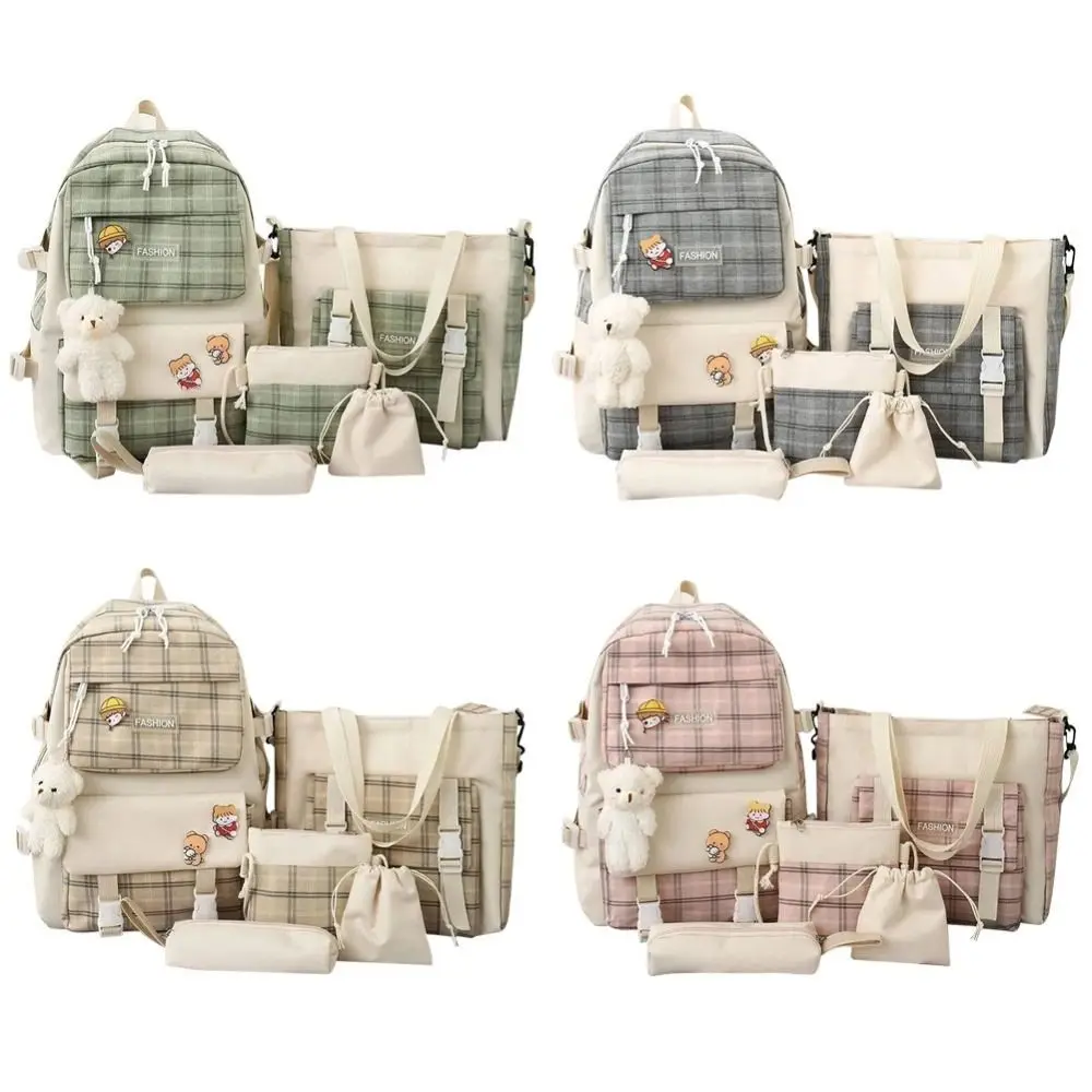 5Pcs/Set Large Capacity Cute Plaid Backpack Korean Style Adjustable Straps Cartoon Shoulder Bag Y2K Canvas Student School Bag