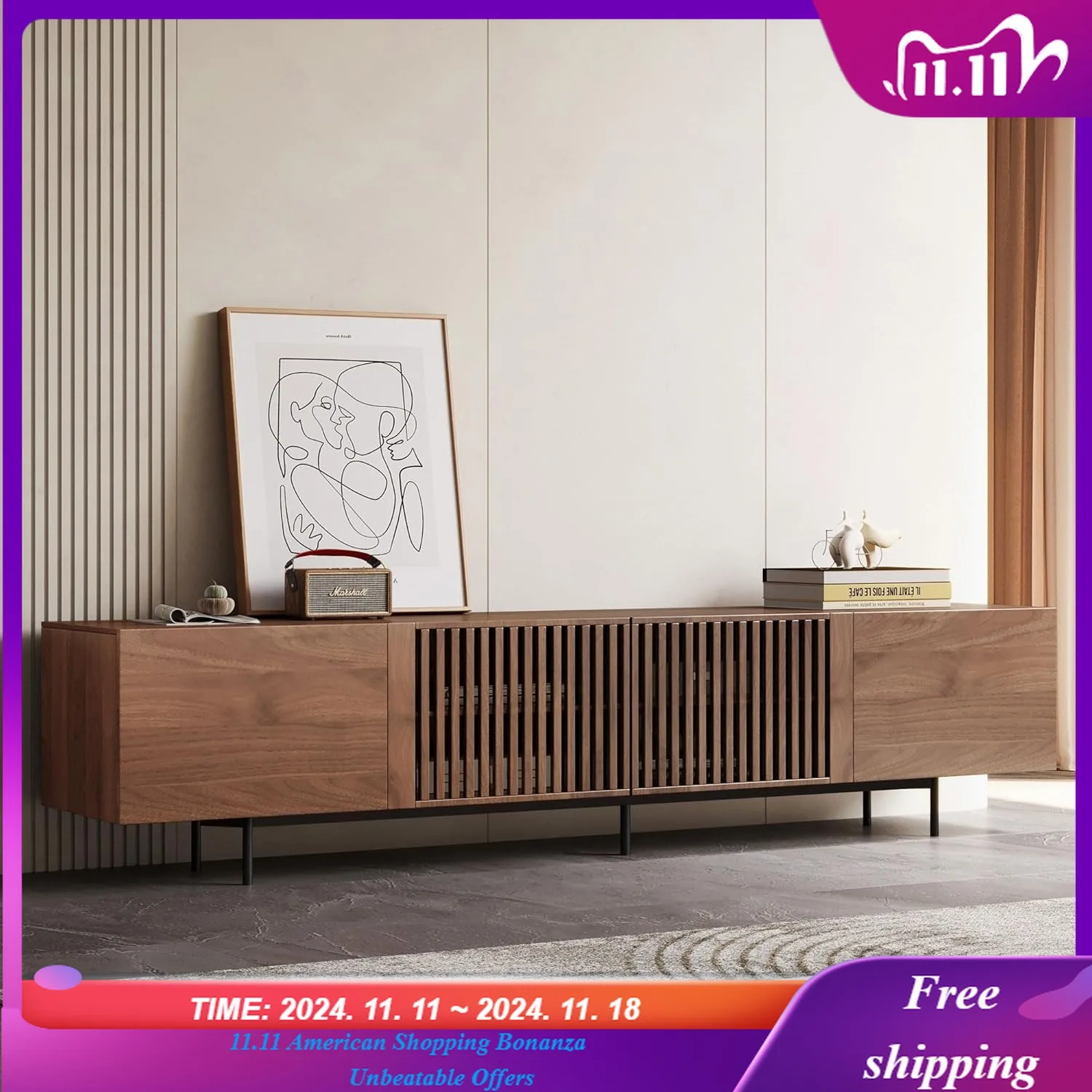 حامل تلفزيون حديث لمنتصف القرن لأجهزة تلفزيون مقاس 80+ بوصة، وحدة تحكم من خشب الجوز مقاس 94.48 بوصة مع مساحة تخزين كافية - مركز ترفيه أنيق للعيش