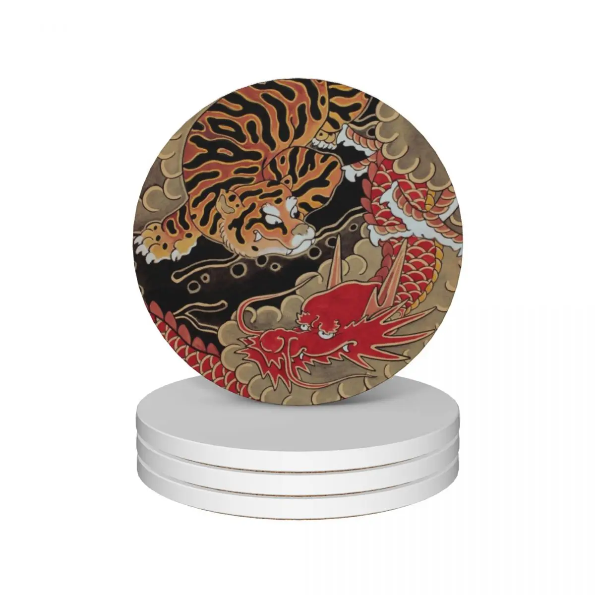 

Traditional Japanese Irezumi Tiger And Dragon Ceramic Coasters (Set of 4) anti slip flower ceramic set teapot mat Coasters