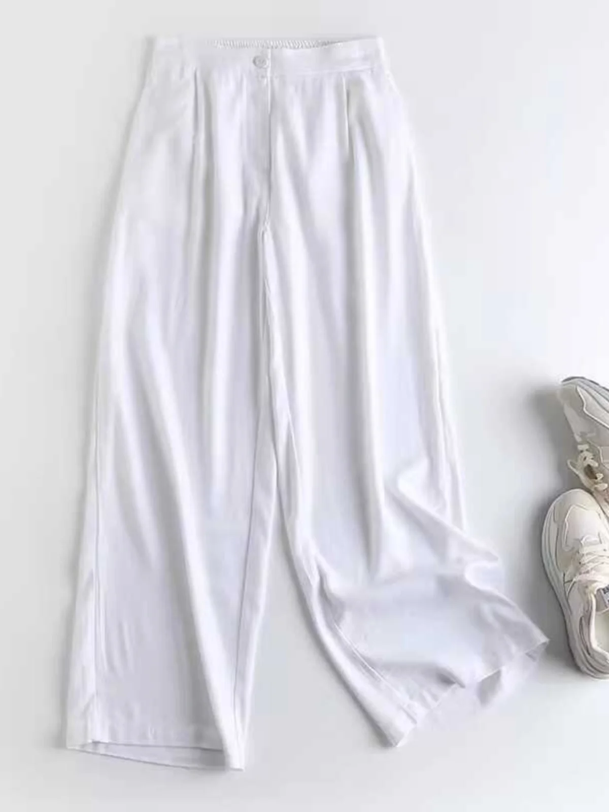 Nova primavera verão calças de linho casuais femininas cintura alta fina perna reta calças de viagem ele plissado branco